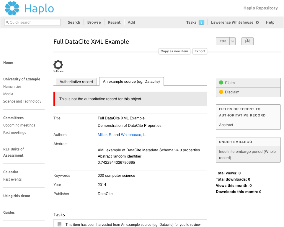 Harvested item with a task open for the author to "claim" the record