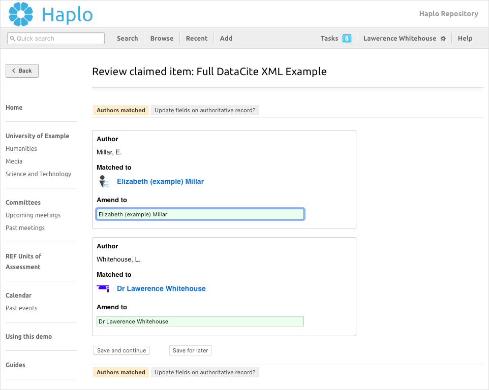 Author prompted to match the authors listed to profiles in Haplo